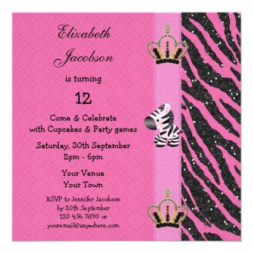 Pink Zebra, Princess Crowns & Animal Print Glitter Personalized Announcement