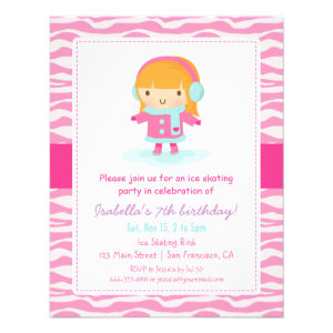 Pink Zebra Print Girl Ice Skating Birthday Party Invitation