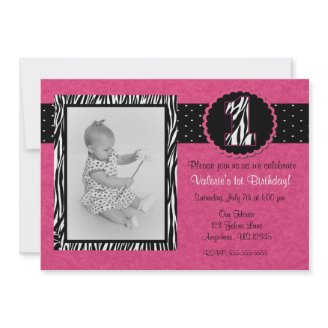 Pink Zebra Print Girls 1st Birthday Invitation