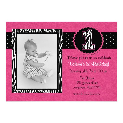 Pink Zebra Print Girls 1st Birthday Invitation (front side)