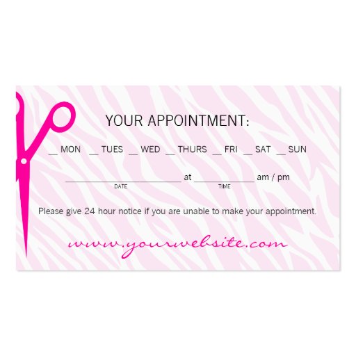 Pink Zebra Print Hair & Beauty Appointment Card Business Card Template (back side)