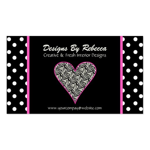 Pink Zebra Print Heart & Polka Dots Business Card (front side)