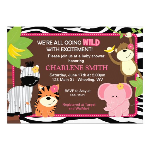 Pink Zebra Print Jungle Baby Shower Invitations (front side)