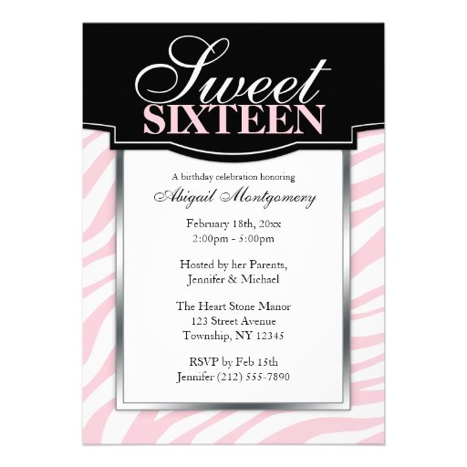 Pink Zebra Print Sweet 16 Birthday Invitations