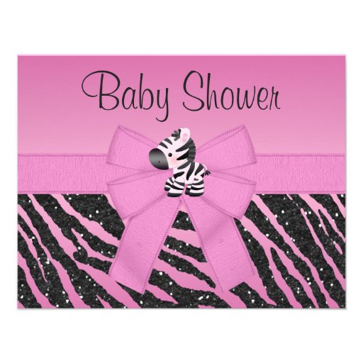 Pink Zebra Printed Bow & Butterflies Baby Shower Custom Announcements