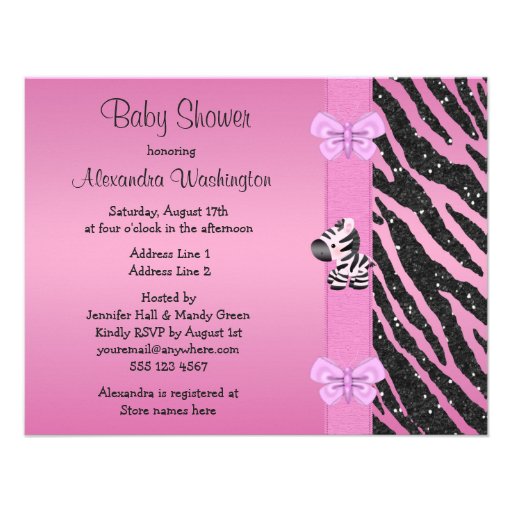 Pink Zebra Printed Bow & Butterflies Baby Shower Custom Announcements