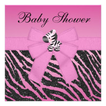 Pink Zebra Printed Bow & Glitter Look Baby Shower Invites