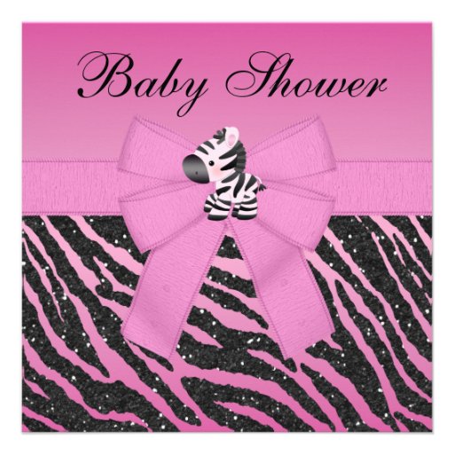 Pink Zebra Printed Bow & Glitter Look Baby Shower Invites