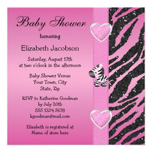 Pink Zebra Printed Bow & Glitter Look Baby Shower Invites