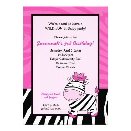 Pink Zebra Stripe 5x7 Birthday Invitation