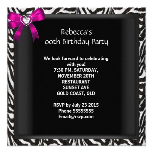 Pink Zebra Stripe Black Birthday Party Image Invite