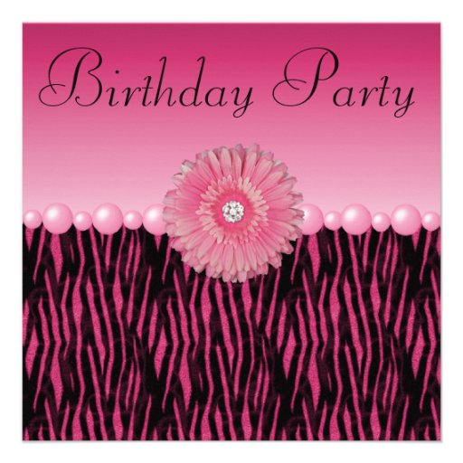Pink Zebra Stripes Flower & Pearls Birthday Party Invite