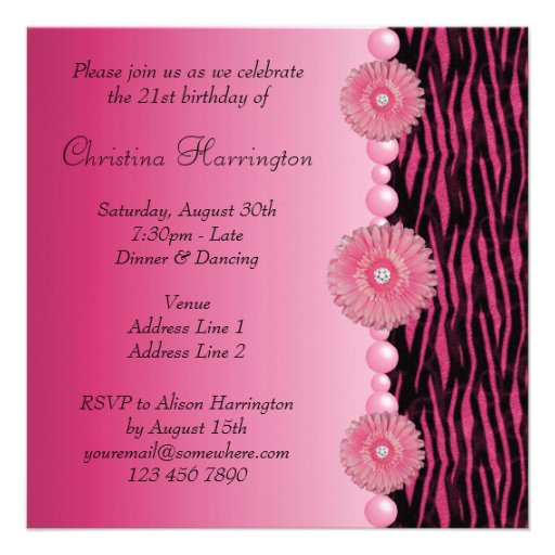Pink Zebra Stripes Flower & Pearls Birthday Party Invite