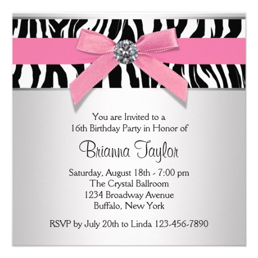 Pink Zebra Sweet 16 Birthday Party Custom Invitation