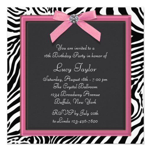 Pink Zebra Sweet 16 Birthday Party Custom Announcements