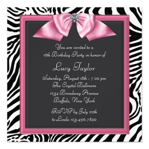 Pink Zebra Sweet 16 Birthday Party Custom Invitation
