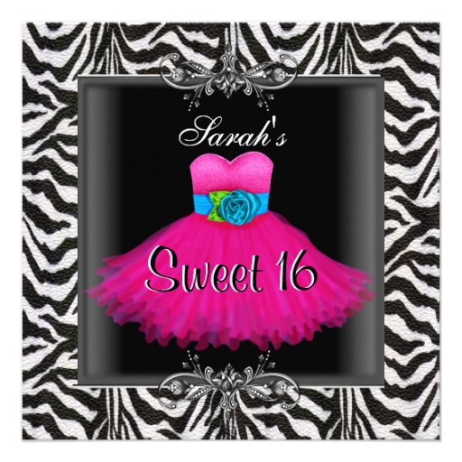 Pink Zebra  Sweet Sixteen 16 Birthday Black Dress Personalized Invites