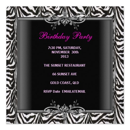 Pink Zebra  Sweet Sixteen 16 Birthday Black Dress Personalized Invites
