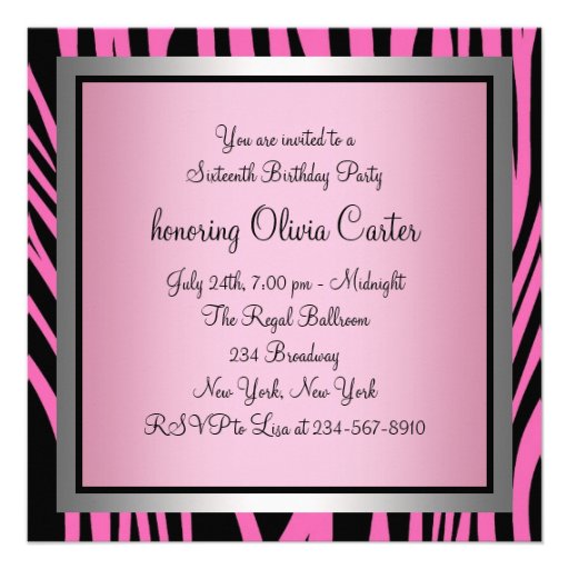 Pink Zebra Sweet Sixteen Birthday Personalized Invitations