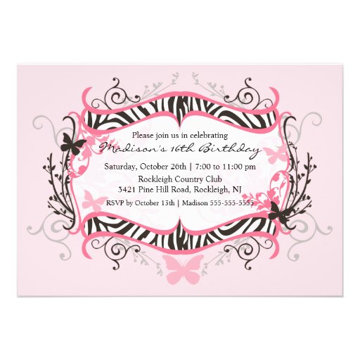 Pink Zebra Sweet Sixteen Birthday Invitation
