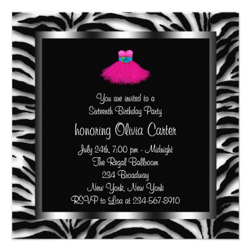 Pink Zebra Sweet Sixteen Birthday Party Custom Invitations