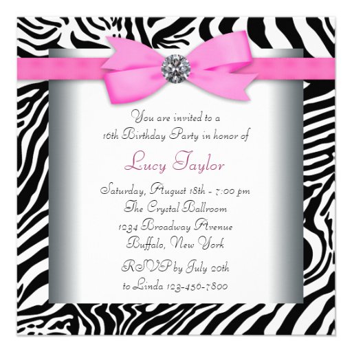 Pink Zebra Sweet Sixteen Birthday Party Custom Invite