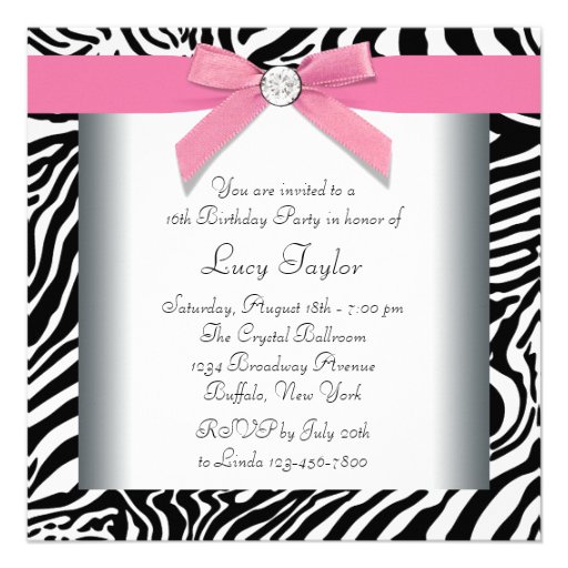 Pink Zebra Sweet Sixteen Birthday Party Personalized Invites