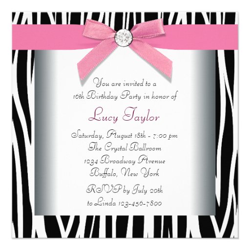 Pink Zebra Sweet Sixteen Birthday Party Personalized Invitations