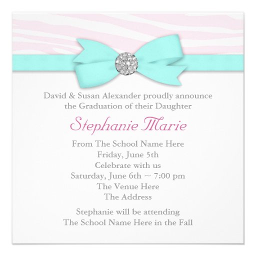 Pink Zebra Teal Blue Photo Graduation Announcement