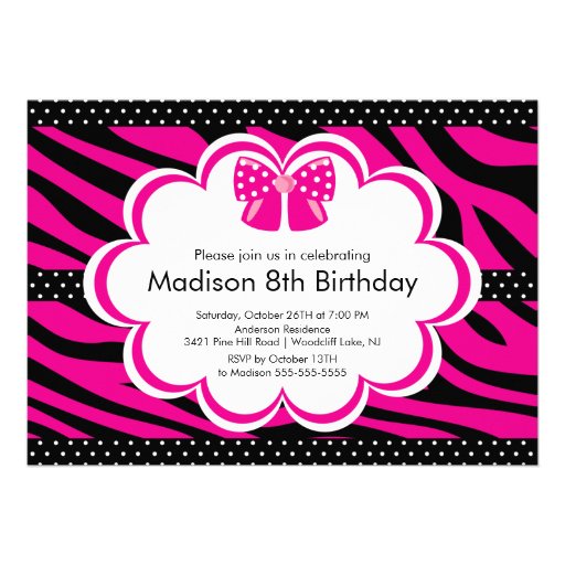 Pink Zebra Tween Birthday Party Invitation