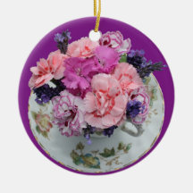 Pinks carnations in teacup christmas tree ornament