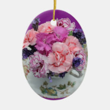 Pinks carnations in teacup christmas tree ornaments