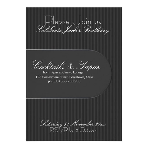 Pinstripe Black Silver Birthday Party Invitation