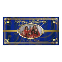 Pinstriped Blue Gold Faux Jewel Photo Cards