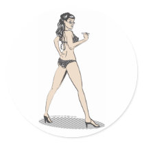 Pinup girl beach babe round stickers