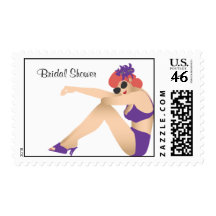 Pinup girl wearing purple, Bridal Shower Postage