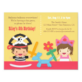 Pirate and Princess Balloon Kids Birthday Party 4.25x5.5 Paper Invitation Card