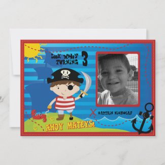 Pirate Boy Birthday Party Invitation, Ahoy Mateys!