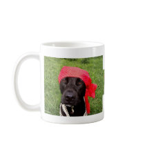 Pirate dog, black lab, red hankerchief green grass coffee mug