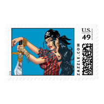 pirate, pirates, skull, skulls, crossbones, girl, pinup, pin, fishnet, stockings, sword, gold, leather, boots, rio, female, Stamp with custom graphic design