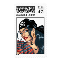 pirate, pirates, girl, girls, woman, skull, skulls, crossbones, pinup, pin, fishnet, stockings, sword, gold, leather, boots, rio, characters, Selo postal com design gráfico personalizado