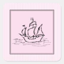Pirate Ship. Black and Pink. Square Stickers