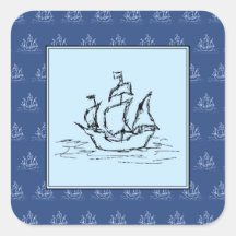 Pirate Ship on Ship Pattern, Blue. Square Stickers