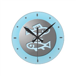 Pisces The Fish, Zodiac Star Sign, Silver and Blue Wall Clock