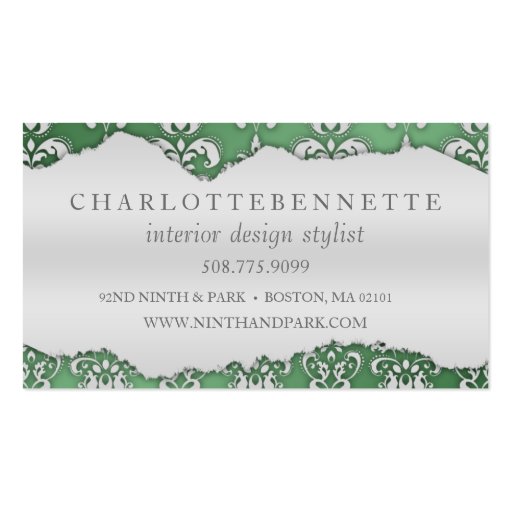 Pistachio Green Ripped Damask Interior Design Business Card (back side)