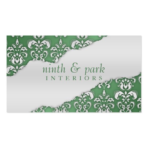 Pistachio Green Ripped Damask Interior Design Business Card (front side)