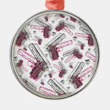 Pistol Pearl, quirky gun and cherries pattern. Christmas Ornaments
