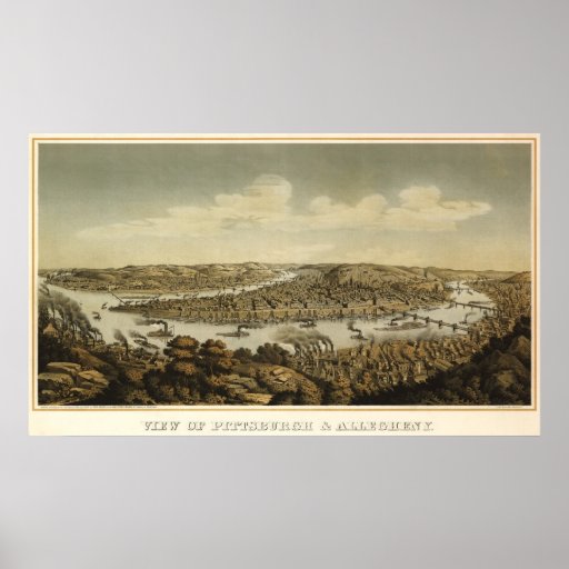 Pitsburgh birdseye map - 1874 (Krebs) BigMapBlog Posters
