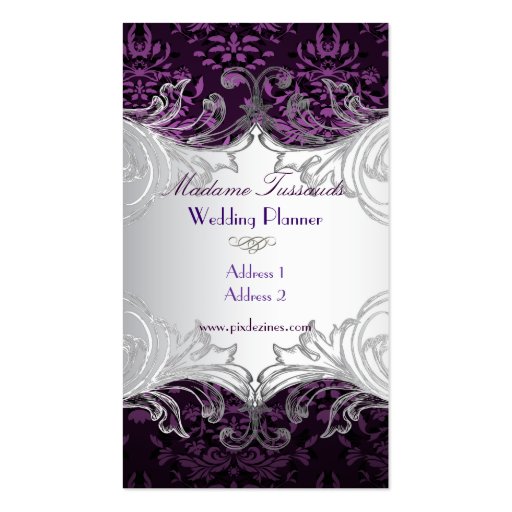 PixDezines bijoux damask faux silver/purple Business Card Templates (back side)