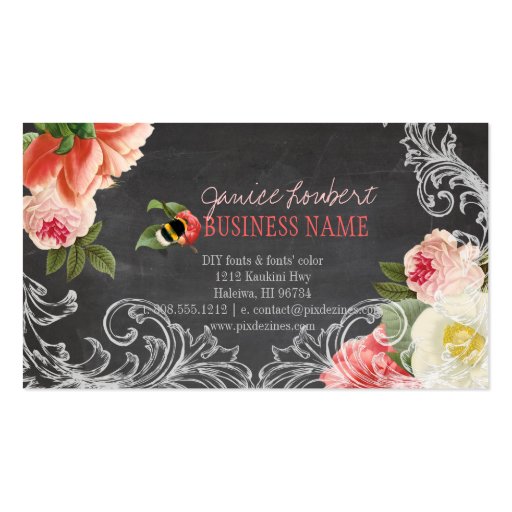 PixDezines chalkboard+vintage peonies Business Card Template (back side)